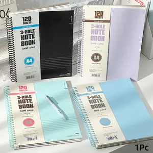 A4 3 Hole Spiral Notebook 120 Sheets Refillable Loose Leaf Binder with Ruled Pages Waterproof PP Cover Tearable Inner Pages Divider Pockets for School Notes Office Writing Study Planning Journaling Minimal Pastel Stationery Supplies
