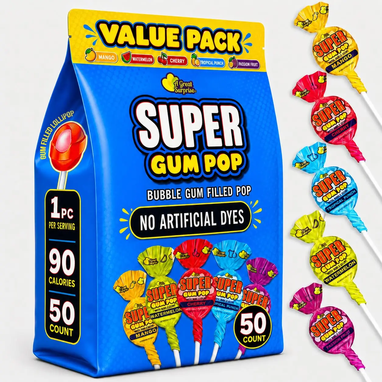 Mega Gum-Filled Lollipops, 50 Count, Over 2 lb, No Artificial Dyes, Cherry, Passionfruit, Mango, Watermelon, and Tropical Punch Flavors