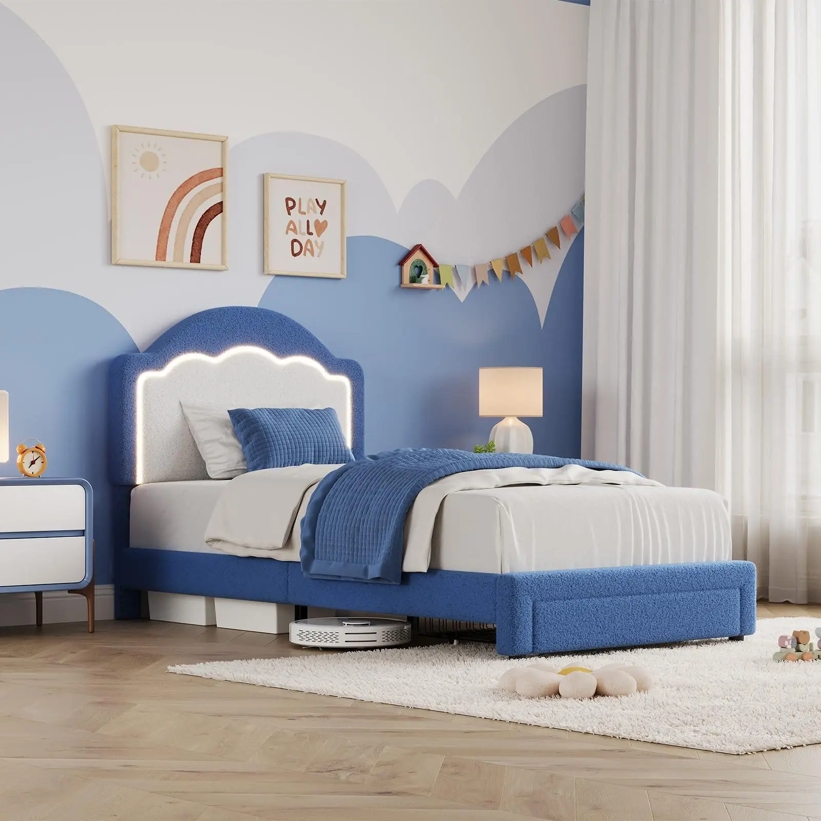Bed Frame with Adjustable Headboard, Sherpa Fleece Upholstered Platform Bed Frame with LED Lights, 750 LB Capacity, Wooden Slats Support, No Box Spring Needed,Blue&White