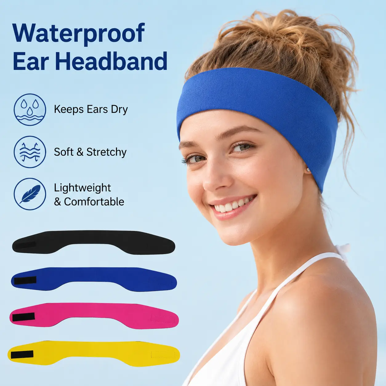 1 Count Waterproof Swimming Headband, Adjustable Water Resistant Strap for Swimming Pool and Other Outdoor Water Activities