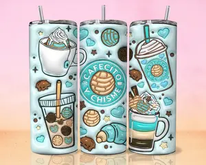 3D Cafecito y Chisme Inflated Tumbler, Featuring 3D Pan Dulce Designs, Unique Mexican Gifts, Soft and Puffy Coffee Tumbler with Conchas Mexicanas, A Wonderful Addition to Your Coffee Collection