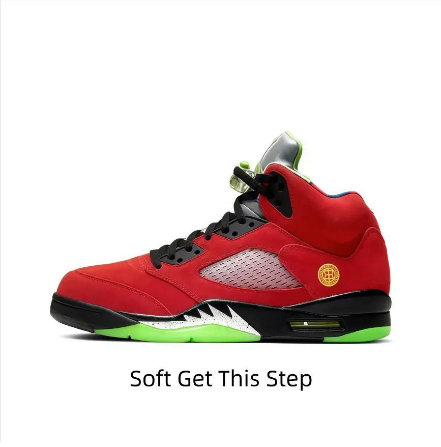 Classic silhouette casual trainers with distinctive jagged midsole design. Bold red and neon green colorway, cushioned sole, easy to match jeans and all kinds of daily casual outfits.