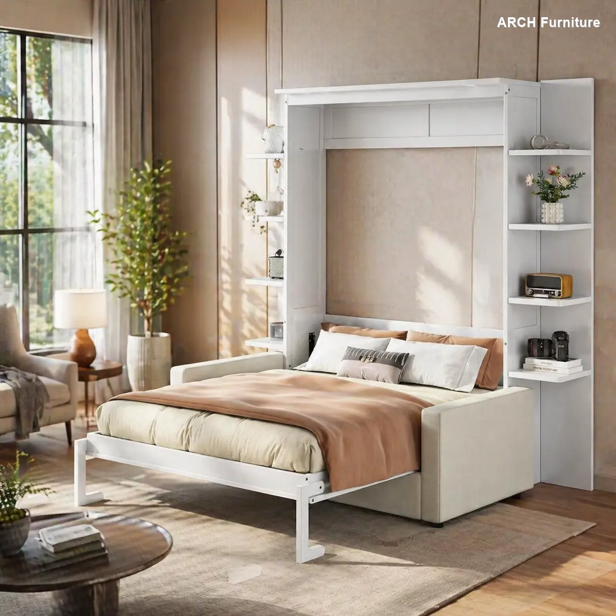 White Queen Size Murphy Wall Bed with Sofa - Indoor Bedroom Furniture, Home Gym Compatible, 303.39 lbs Capacity, 86.9"l x 90.4"w x 87.6"h, Assembly Required, Suitable for >12 Years Old (Old SKU: LP000591AAK-1)