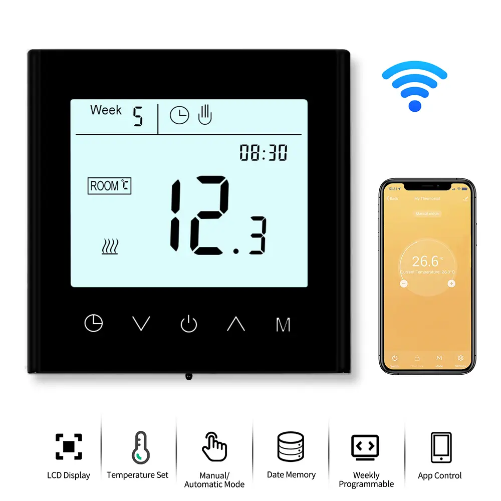 Smart Programmable WiFi Adjustable Home Digital Thermostat Controlled Touch Screen Tuya Smart Temperature Controller for Electric/Water/Gas Boiler Warm Floor Heating Controller Remote Thermostat Control