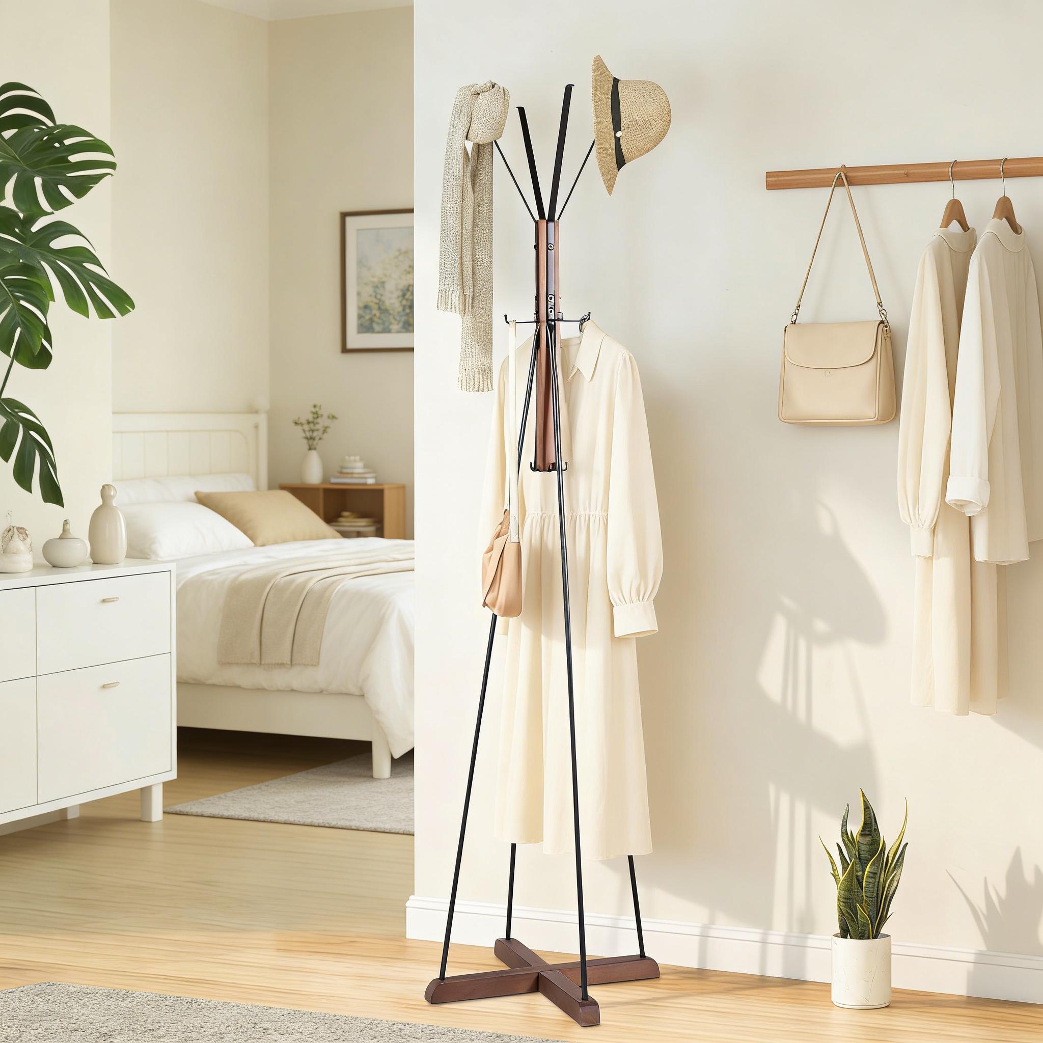 ReclaimedWood&MetalFreestandingCoatRackwith8Hooks,71"TallEntrywayOrganizerforBedroomLivingRoomHallway,NaturalWoodGrain,SpaceSavingApartmentDormEssentials,SturdyCrossBase