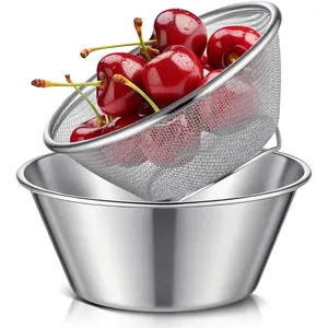 Baderke 2 Pcs Mini Colander & Food Strainer 304 Stainless Steel Small Mixing Colanders Bowl Rice Strainer for Kitchen Cooking Fruit Washing Vegetable(5.51 x 2.36 Inches,Silvery)