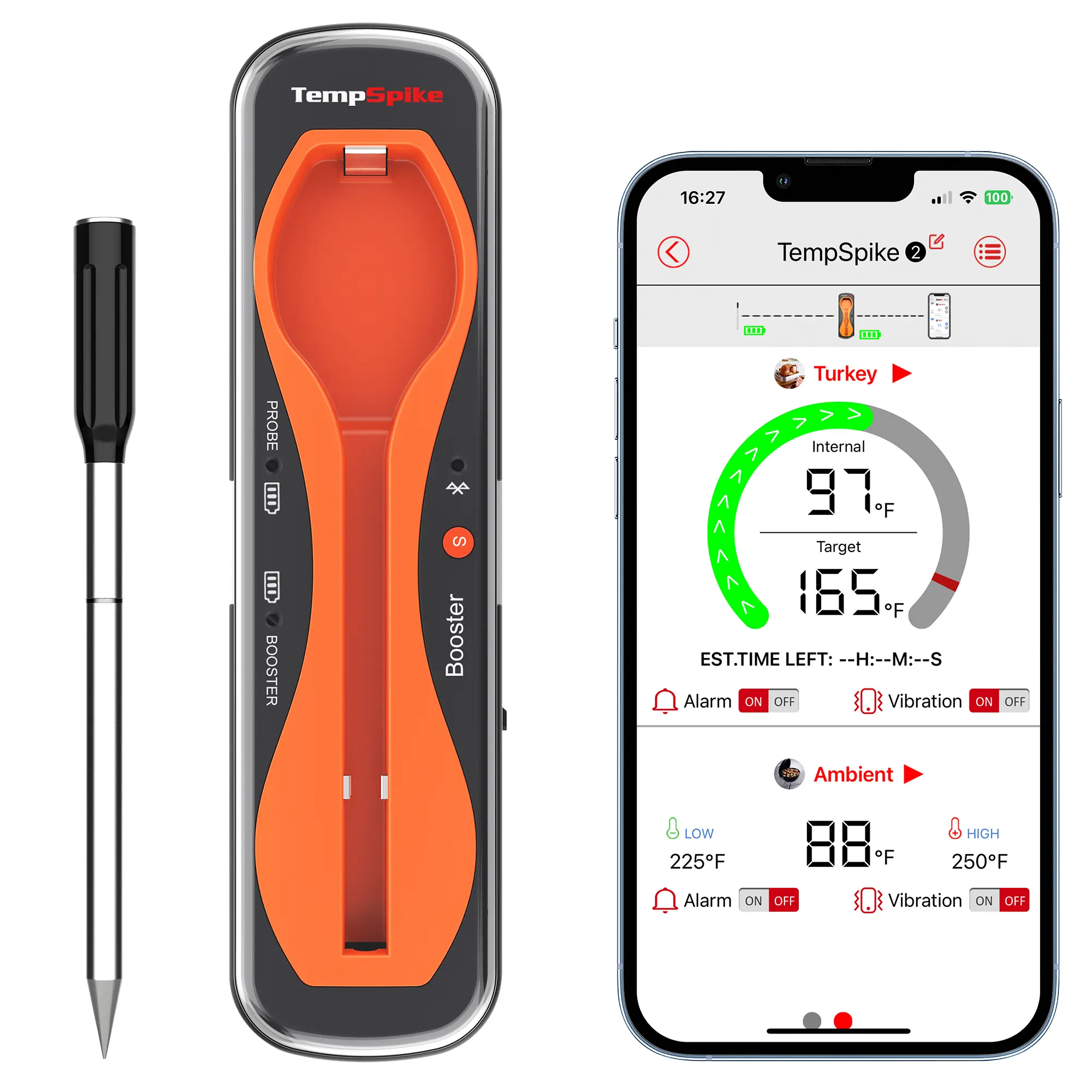 TempSpike Core Bluetooth Meat Thermometer - Single-Probe Base Model (TP960), Rechargeable, Waterproof, High-Accuracy, Fast-Reading, App-Compatible, Programmable Alarm Stainless Steel Kitchen & Barbecue Utensil, ABS, CE