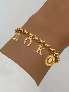 1Pc Initial Western Cowboy Hat Boot Horseshoe Pendants Women Bracelet, Fashion Golden Stainless Steel Chain Bracelet For Women, Modern Fashion Accessories, Premium Bracelet, Initial Charm Bracelets, Fashionable Bracelet
