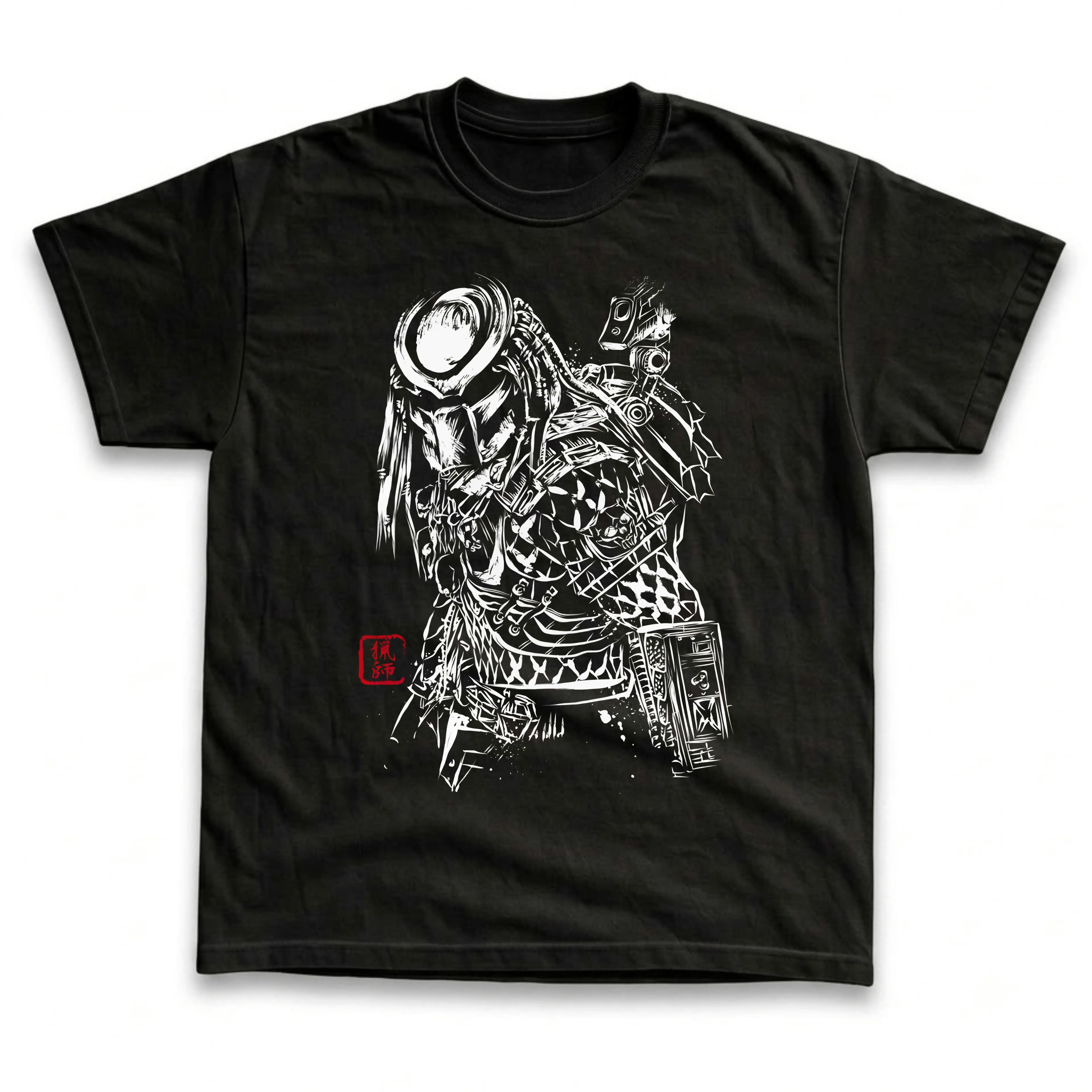 Men's and Women's T-Shirt, Vintage Alien vs Predator Graphic Tee, Yautja Predator Samurai Armor, Japanese Ink Wash Line Art, Red Hanko Stamp, Sci-Fi Action Movie Merch, Spooky Halloween Outfit, Retro Grunge Streetwear, Gothic Aesthetic, Fan Gift