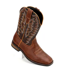 Men's Leather Square-Toe Western Cowboy Roper Boots - Embroidered Mid-Calf Walking Footwear