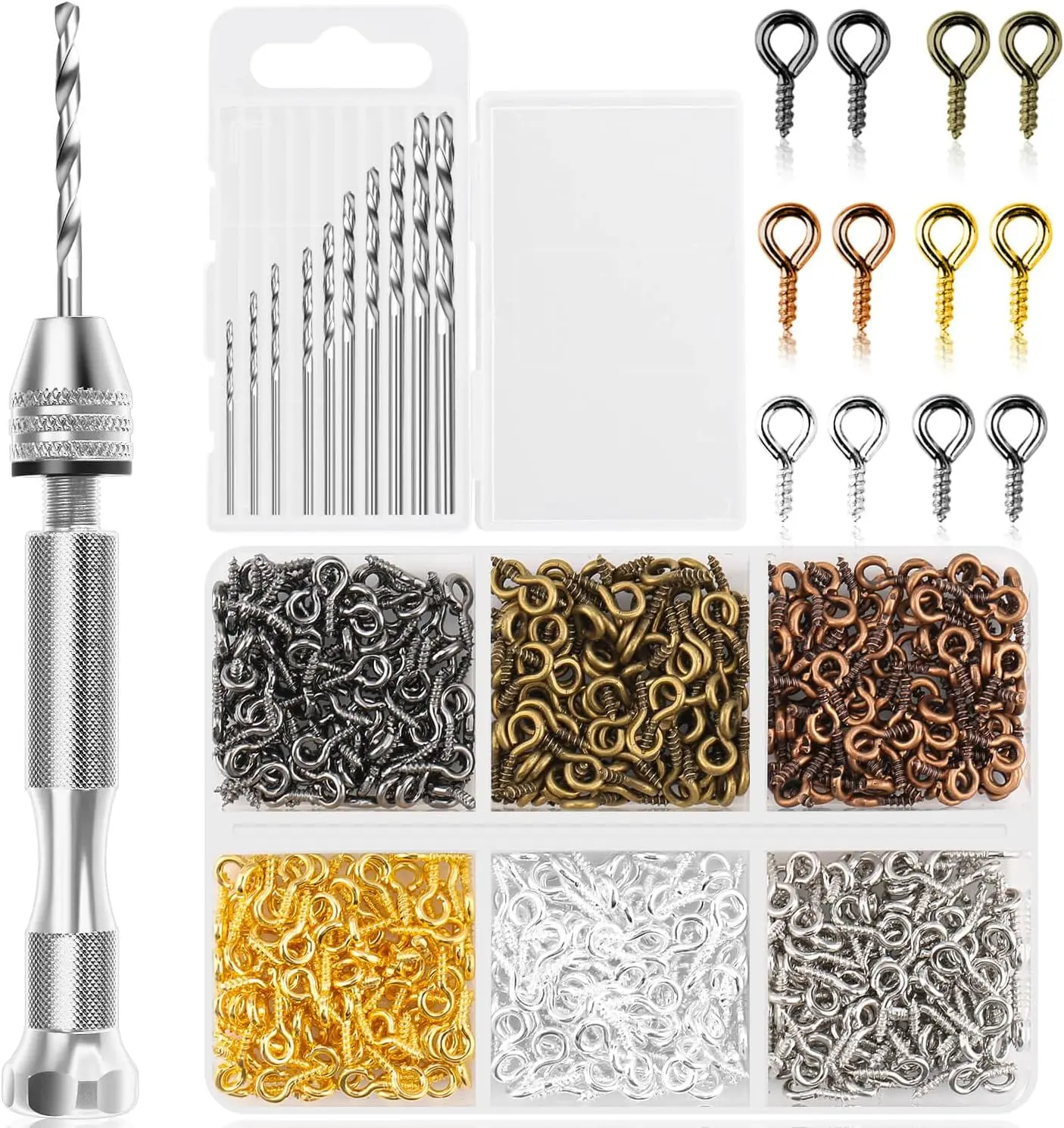 Pin Vise Hand Drill Set, Manual Hand Drill with 600 count Small Screw Eye Hooks and 10 Different Sizes Drill Bits for ,  Making and Crafts