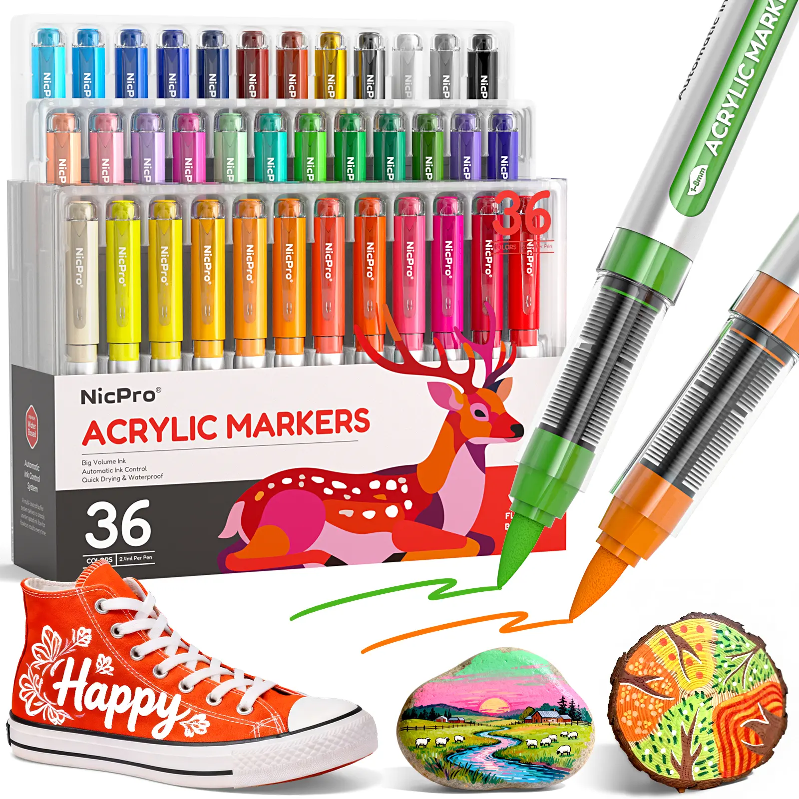 Nicpro Acrylic Paint Markers, Water-Based Brush Tip Acrylic Paint Pens with Automatic Ink Control for Easter DIY Crafts, Art Paint Markers for Rock Painting, Glass, Ceramic, Christmas Decorations