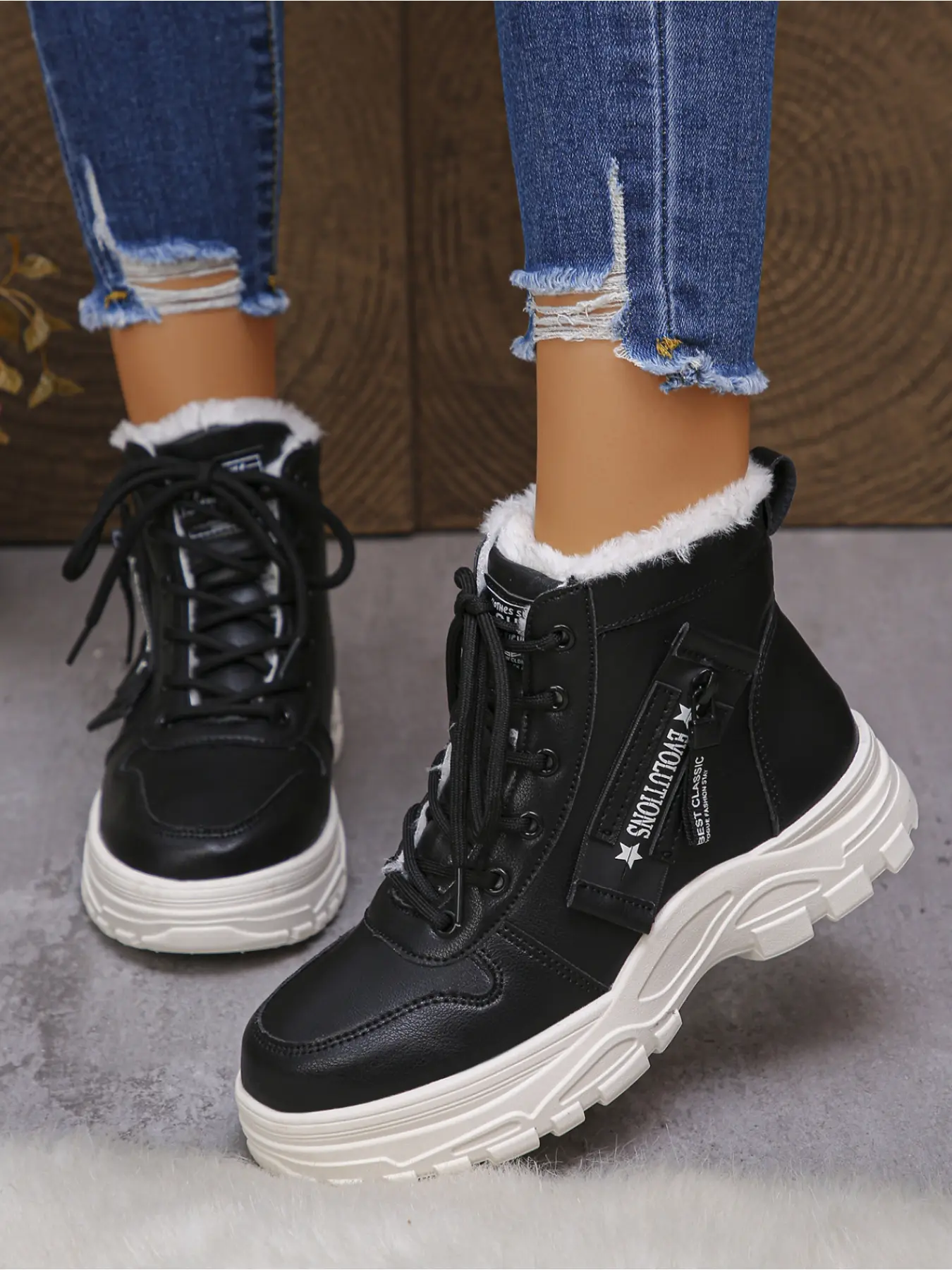Women's autumn and winter fashion thickened large size short boots; thick-heeled high water platform waterproof upper outdoor leisure boots; light, comfortable, soft anti-skid wear-resistant height-increasing laced warm snow boots Rubber, Footwear