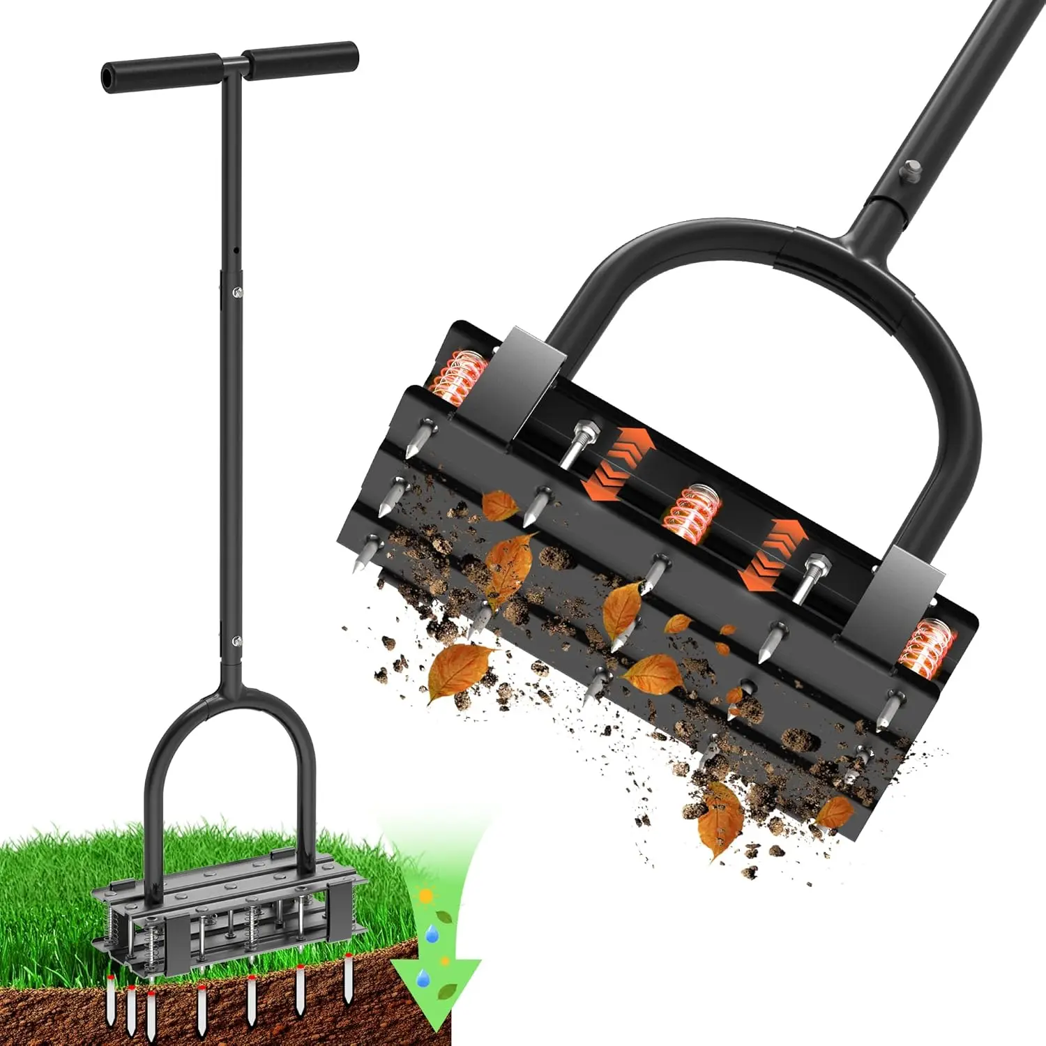 EKIORI Lawn Aerator Tool - Manual Grass Aerator with 15 Steel Spikes, Adjustable Height Handle, Soil Compaction Relief for Yard Garden, Heavy Duty Foot Plate Design, Core Aeration Equipment (Black) Durable Gardening Tools Yard Rake, Garden Tools, Diy Gift