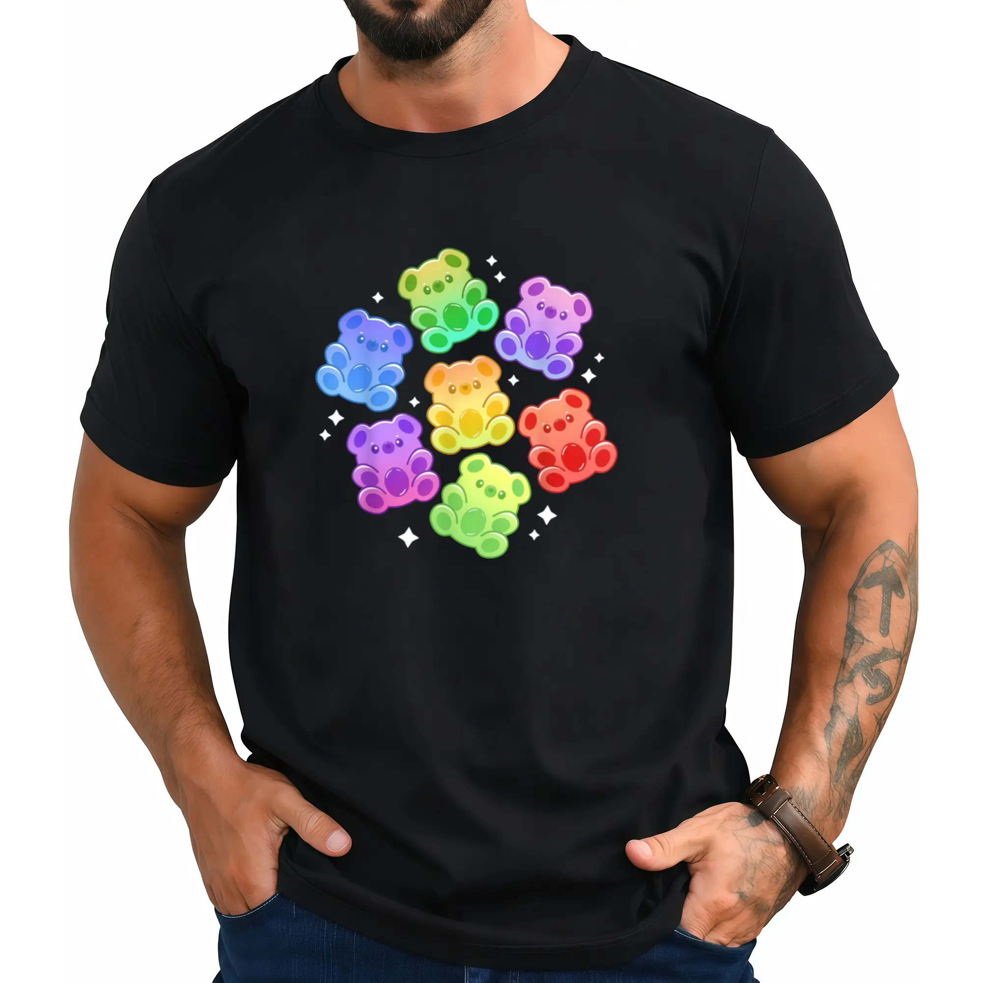 Kawaii Rainbow Gummy Bear T-Shirt for Men - Pure Cotton Cute Retro Graphic Tee with Gummy Bear Print, Unisex Casual Summer T-Shirt