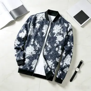 Men’s Abstract Floral Print Bomber Jacket - Navy Blue & White Zip-Up Windbreaker Tops, Lightweight Classic Vibe Streetwear Coats with Ribbed Collar & Cuffs, Leopard Fleece Fabric, Ideal for Teens & Adults for Daily Casual Wear