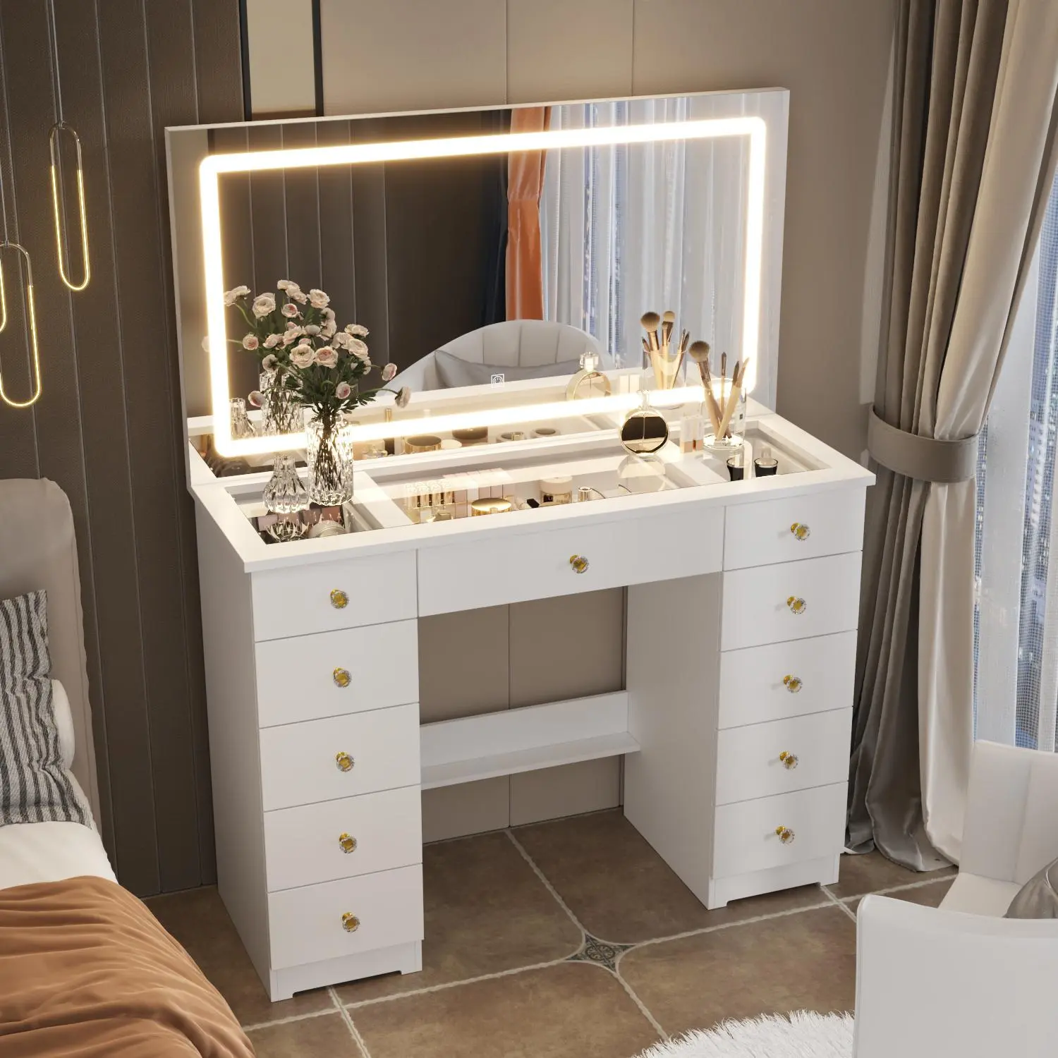 FUFU&GAGA Modern Makeup Dressing Desk - 11-Drawer Glass Tabletop Makeup Vanity, Engineered Wood Bedroom Furniture with Large Adjustable Lighted Extensible Mirror, Touch-Control 3-Color Modes, Adjustable Brightness Built-In LED Strip, Requires Assembly, As