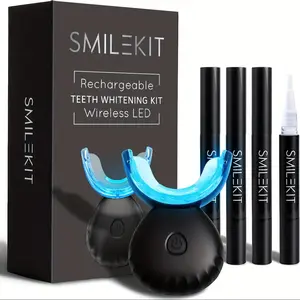 SMILEKIT Rechargeable Teeth Whitening Kit with LED Blue Light Accelerator Home Use Includes 4 Gel Pens Color Guide USB Hypoallergenic Gel Removes All Stains Oral