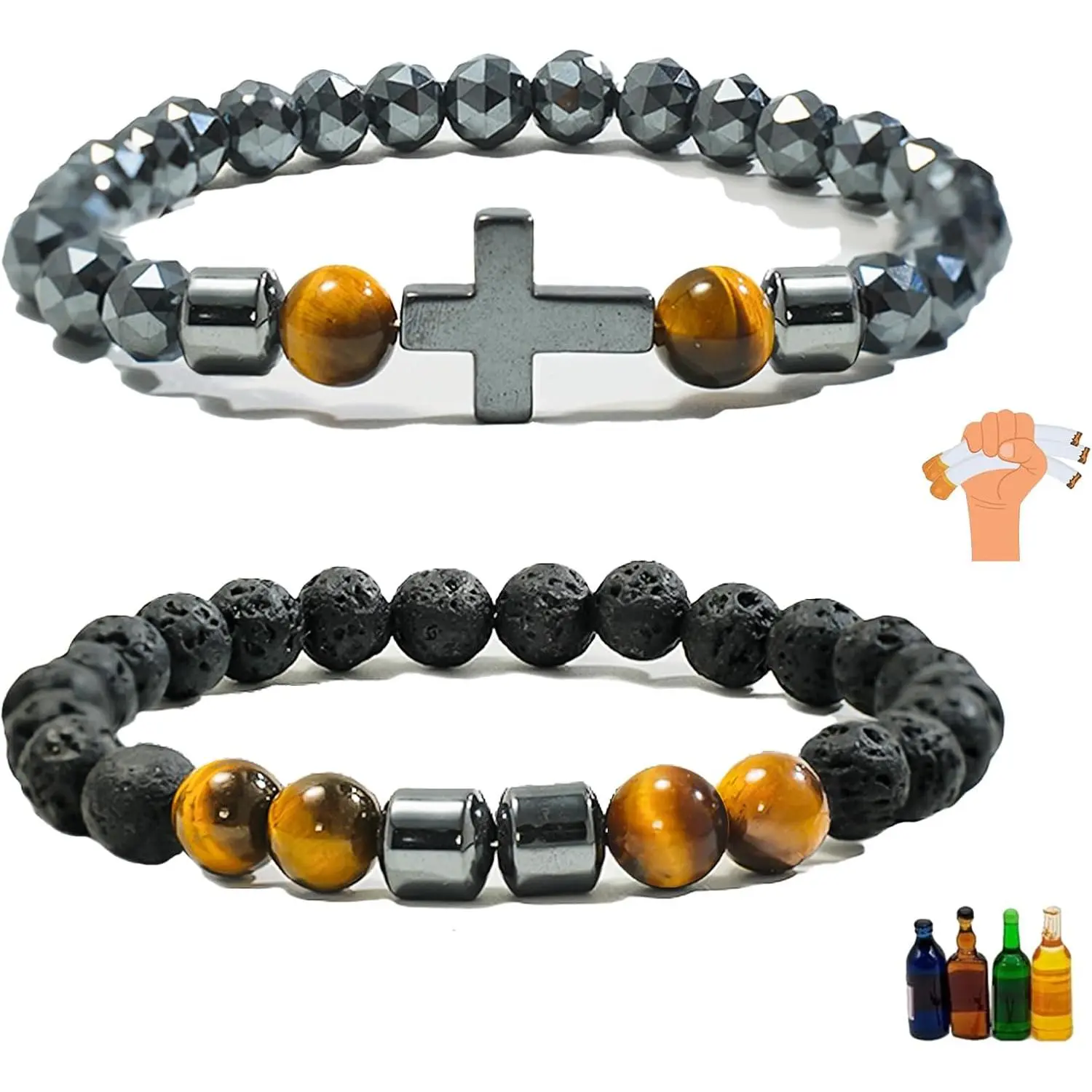 Unisex 2-Piece Sobriety Bracelet Set - Hematite, Tiger Eye, Obsidian Beads, Adjustable Braided Band for Stress Relief, Anti-Anxiety