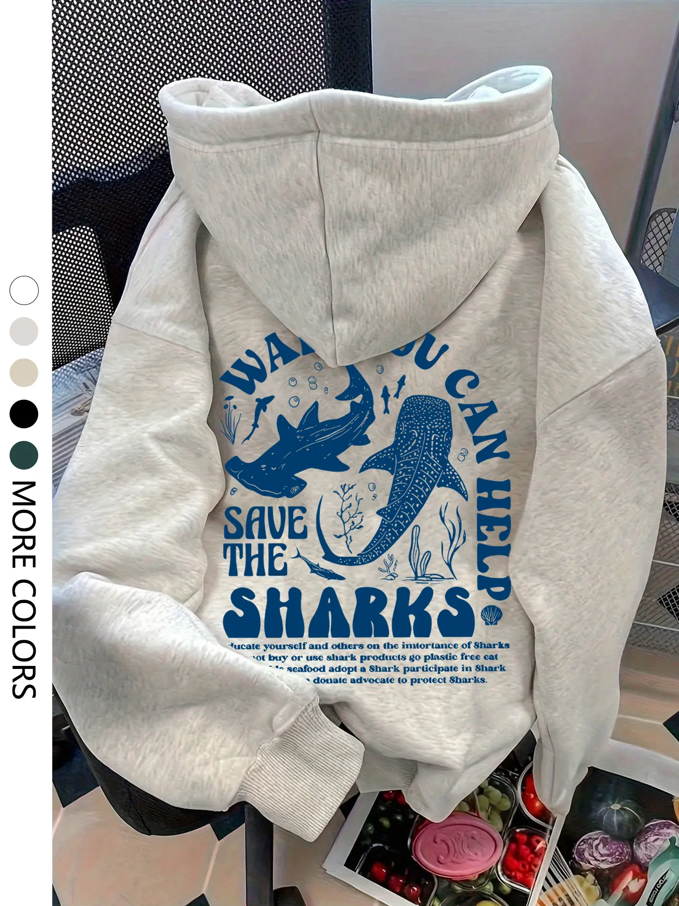 Women's Casual Hooded Sweatshirt, Shark Print Drop Shoulder Pullover, Loose Fit Drawstring Pocket Design, Fall & Winter Fashion, Funny Relatable Sweatshirt, Graphic Casual Hoodie, Casual Comfy Pullover