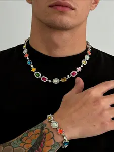 Colorful Gemstone Necklace & Bracelet Set for Men | Y2K Aesthetic Statement Jewelry for Daily Streetwear | Unisex Sparkly Crystal Chain Accessories #MensJewelry #StreetwearStyle
