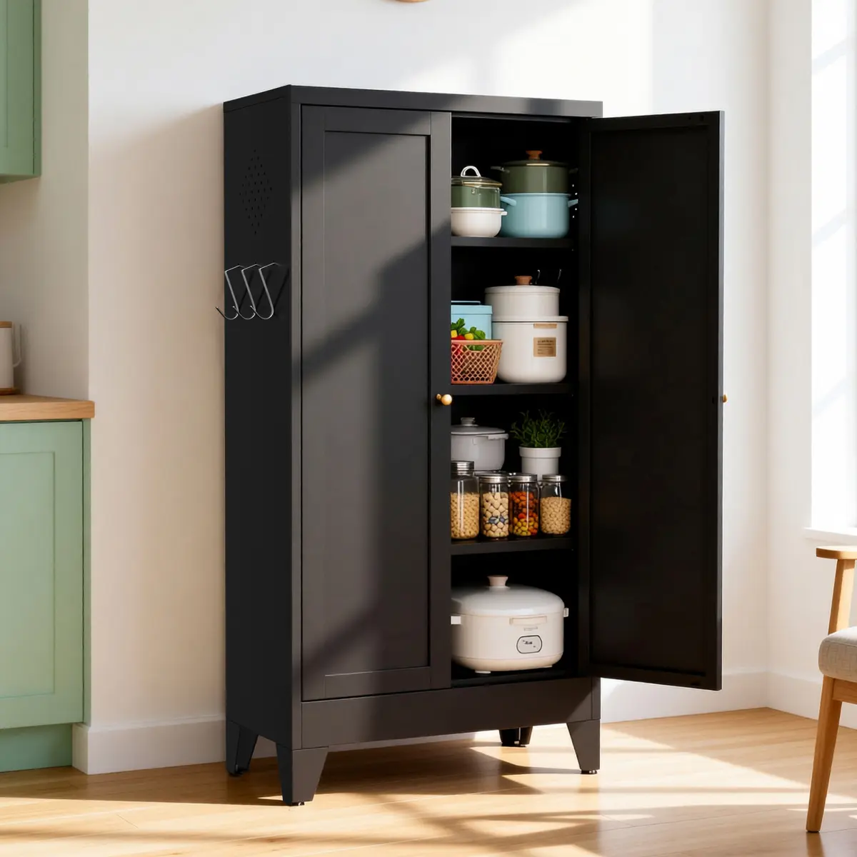[Bellemave] 47.3" Metal Kitchen Pantry Cabinet Adjustable Storage with 3 Shelves (110lb Capacity), Heavy Duty Freestanding Pantry Organizer for Kitchen, Pantry, Living Room