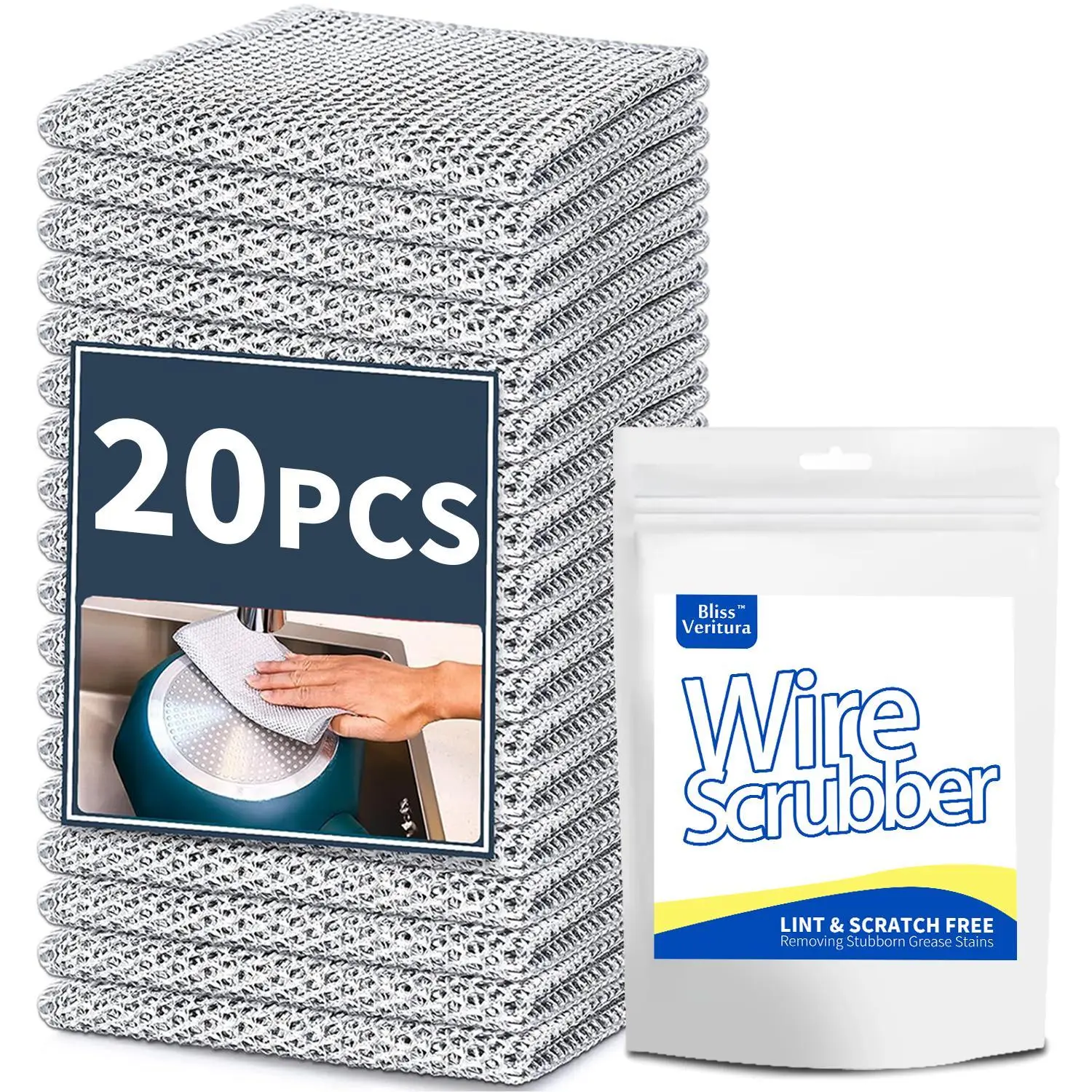 10&20PCS Double-Layer Steel Wire Cleaning Cloth Non-Scratch WireDishcloth Rag Heavy Duty Scrub Pads Multi-Purpose SilverMesh Scouring Pads for Dishes, Pots, Pans