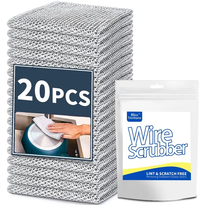10&20PCS Double-Layer Steel Wire Cleaning Cloth Non-Scratch WireDishcloth Rag Heavy Duty Scrub Pads Multi-Purpose SilverMesh Scouring Pads for Dishes, Pots, Pans