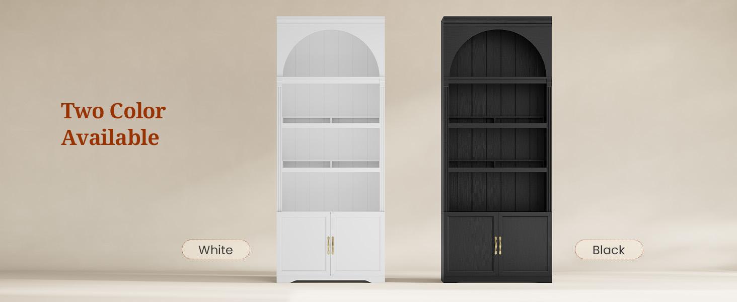 81.2" Tall Arched Cabinet, Bookcase with storage, Modern 6-Tier Bookshelf with Door, 2 Book Risers and Adjustable Shelves for Living Room,Kitchen,Home Office, Space Saving (White)