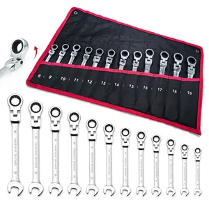【Black Friday】Ratcheting Wrench Set Flex Head, 12 Piece Metric Combination Ratchet Wrench kit, 8mm - 19mm Chrome Vanadium Steel Wrenches,Gift
