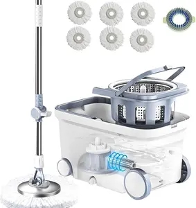 Spin Mop Bucket Deluxe 360 Spinning Floor Cleaning System with 6 Microfiber Replacement  Refills,62" Extended Handle,4X Wheel for Home Cleaning