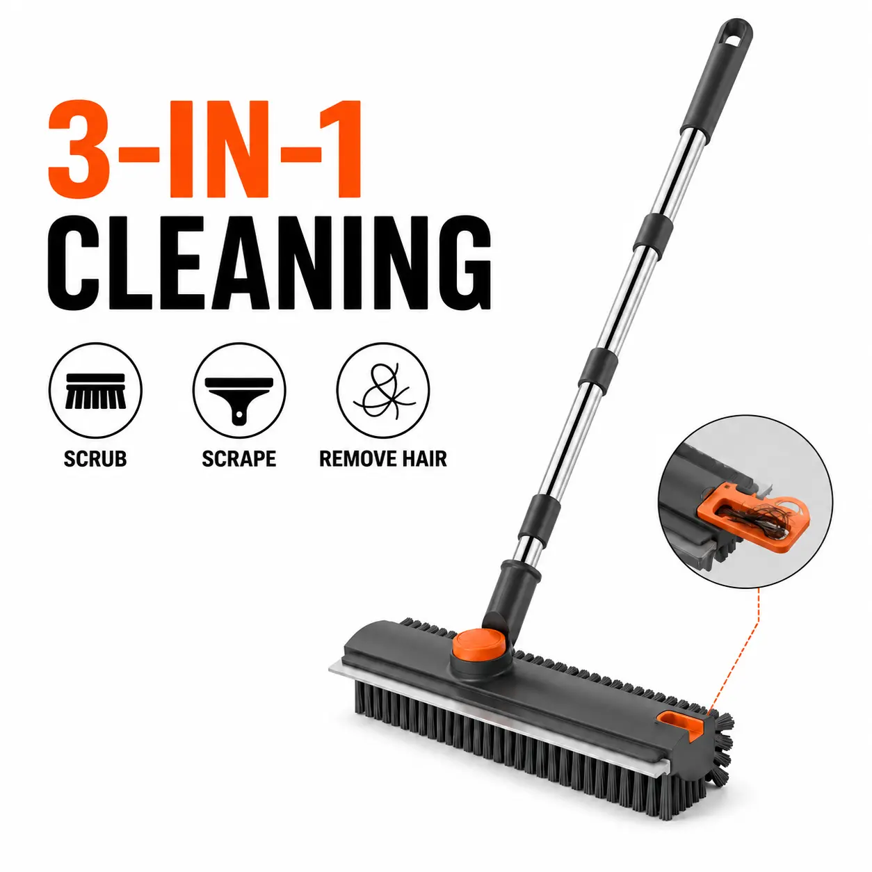 3-in-1 Multi-Function Floor Scrub Brush with Scraper, 52 in Long Handle, 360° Rotating Head, Stiff Bristles & Hair Remover for Tile, Grout Cleaning