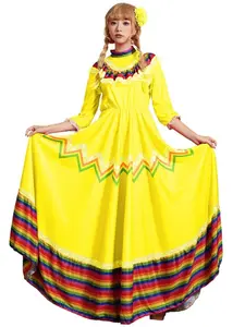 Mexican Folklorico Dress with Decorative Headdress Wide Flared Performance Skirt Womenswear Costumes