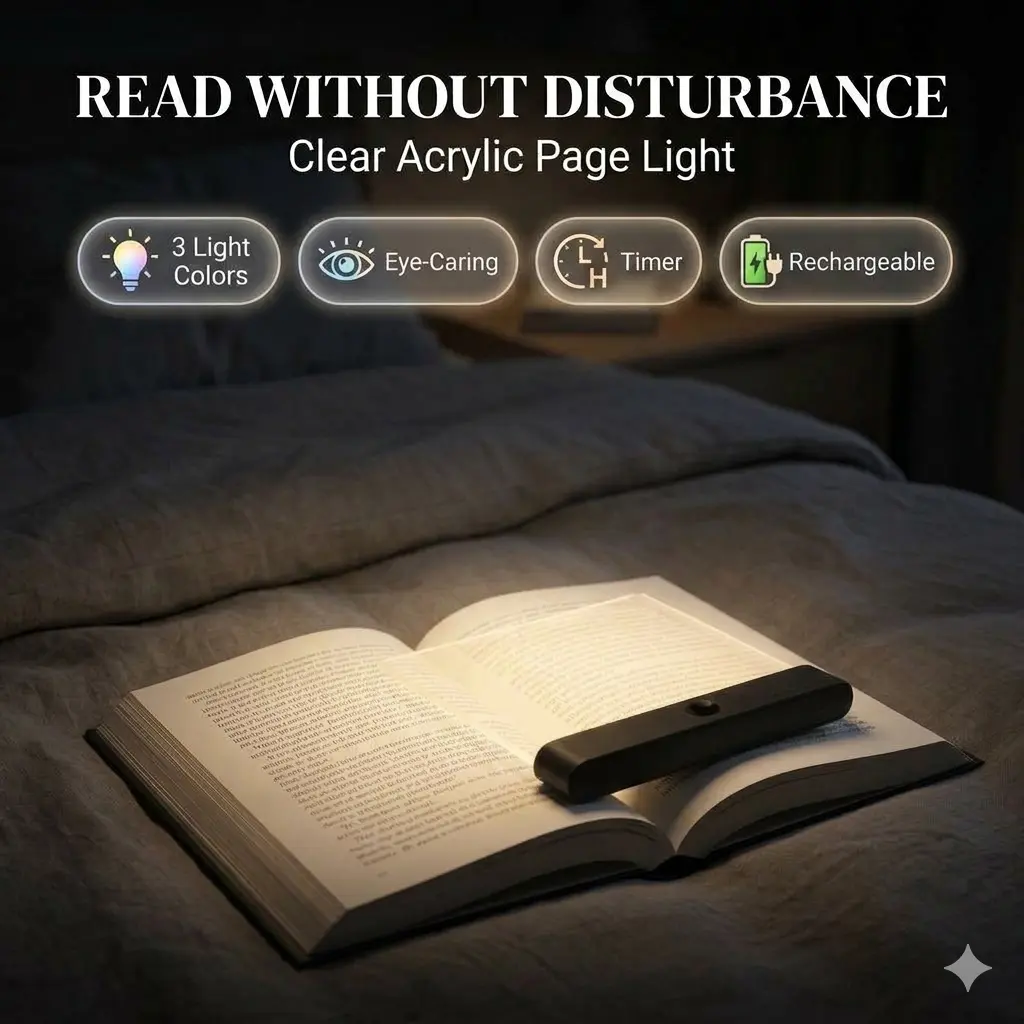 Clear LED Flat Book Light, Rechargeable Page Reading Lamp with Timer & Dimmable Panel, Full Page Night Light for Reading in Bed, Bookish Gift for Readers