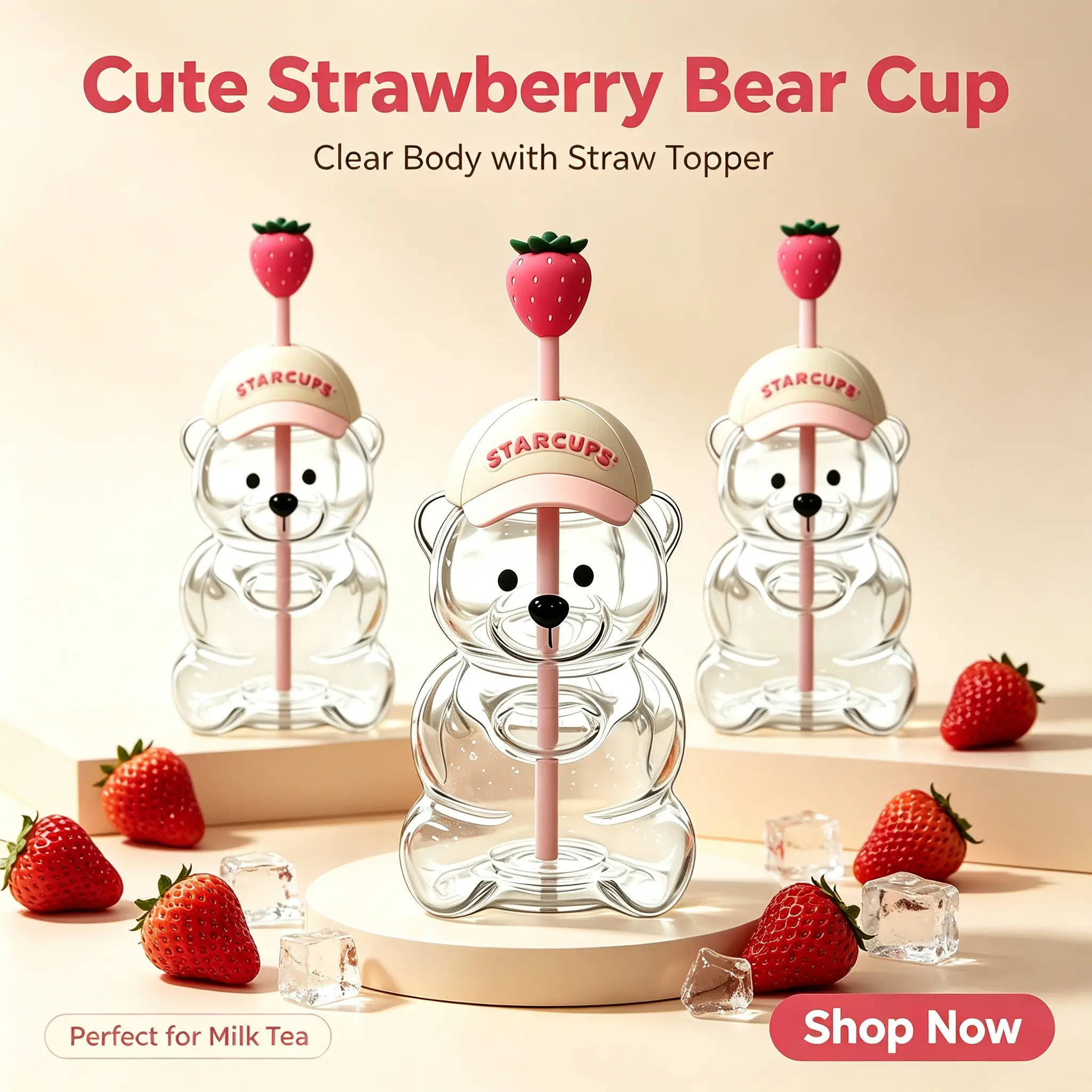 Pinking Bear Straw Cup Glass Bear Cup with Lids and Straws Cute Coffee Mugs 20oz Drinking Water Bottle Reusable Party Mug for Milk Tea, and Cocktails, Dishwasher Safe