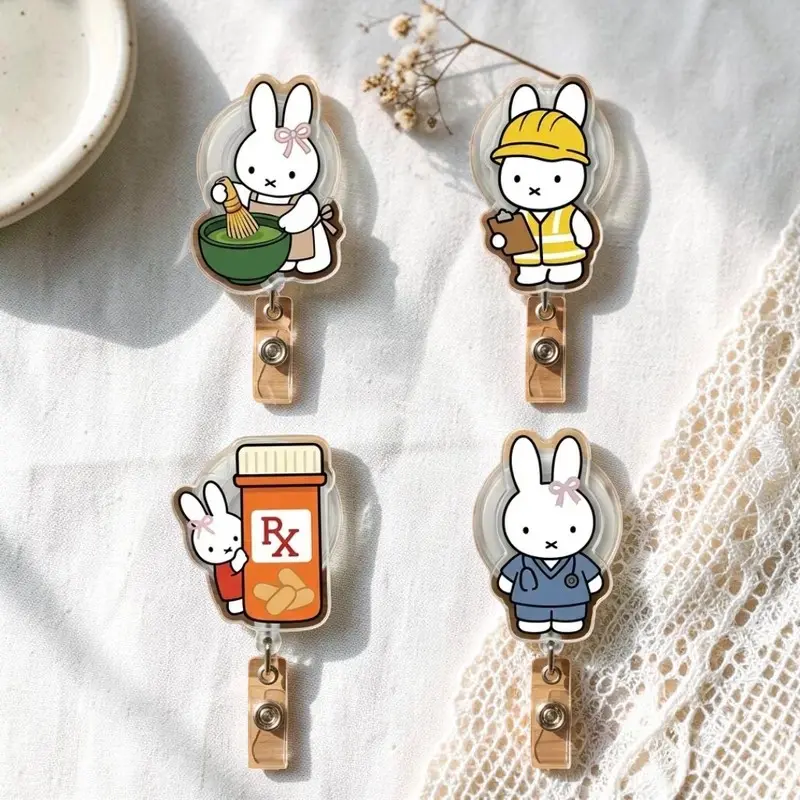 Funny Bunny Rabbit Badge Reel, Sparkly Retractable Acrylic ID Holder, Cute Engineer Matcha Pharmacy Scrubs Badge Clip for Nurses, Techs and Students