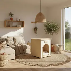 Lumicedar Cream Yellow Flat Roof Pet House FSC Solid Wood 53×51.6×60 cm Indoor Shelter for Small Cats Dogs