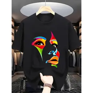 [100% Cotton] Men'S Summer Fashion Graphic T-Shirt - Short Sleeve, Round Neck, Light Blue With Vibrant Abstract Face Print, Casual Cotton Knit, Machine Washable, Summer Casual Wear |   Vibrant Graphic Tee |   Stretchy Fabric, T Shirt T-Shirt For Men And W