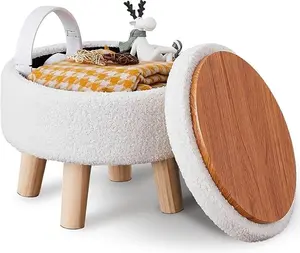 Mini Storage Ottoman, Modern Round Footrest with Soft Padded Seat, Teddy Velvet Footstool with Wood Legs, Accent Small Table or Plant Stand for Hallway, Living Room