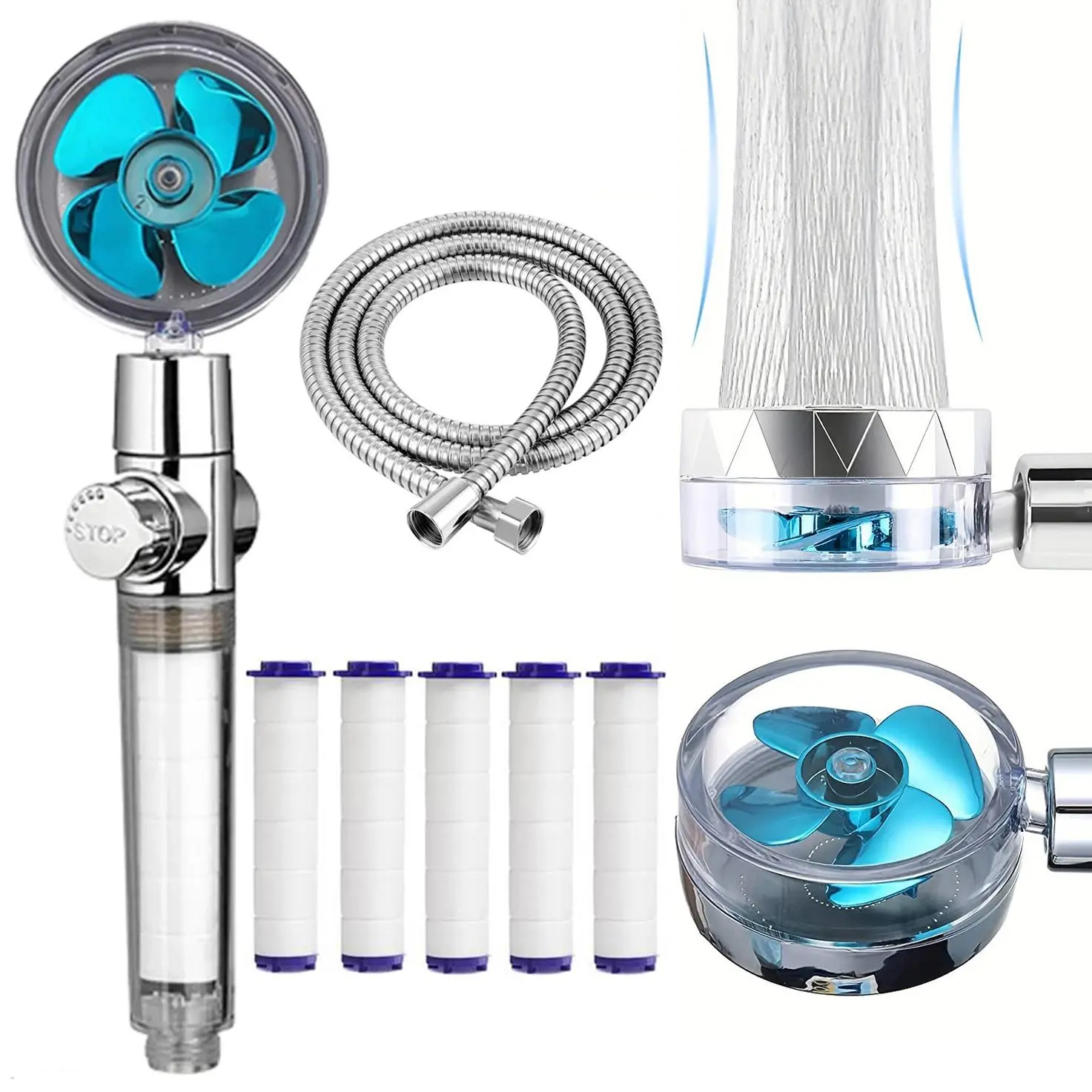 High Pressure Shower Head Set, Shower Head Combo, Including 1 Shower Head & 5 Filter Replacement Core & 150cm Stainless Steel Shower Hose, Bathroom Shower Equipment, High Pressure Showerhead