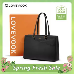 LOVEVOOK ELEVATE Series Top-Grain Leather Tote--100% Cowhide Casual Commuter Bag with V-Neck Design & Laptop Compartment Perfect for Office & Business Travel SpringStatements