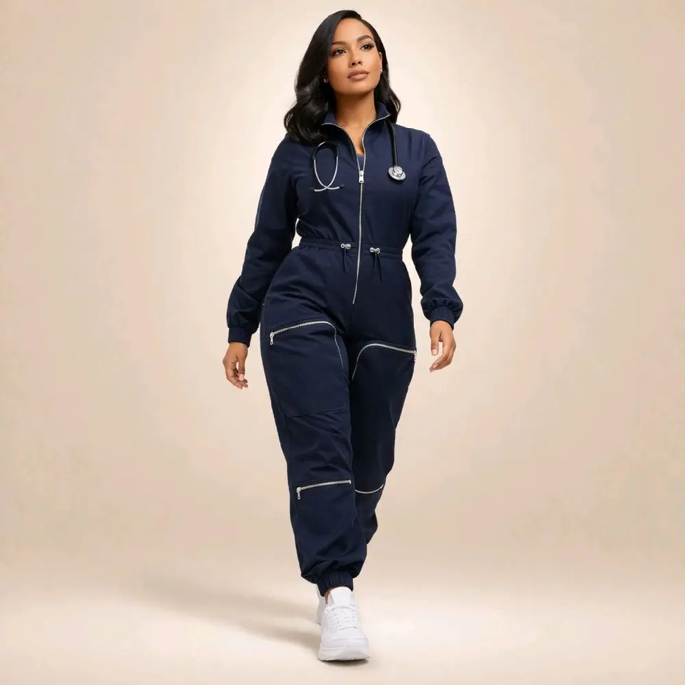 Heart Align Scrubs Fashion Scrub Jumpsuit Navy Zip Front One-Piece with Deep Zipper Cargo Pockets & Drawstring Waist for Medical Professionals - Fabric, Fit