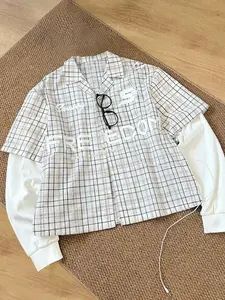 1 Piece Unisex Oversized Plaid Checkered Shirt with “FREEDOM” Graphic Print, Casual Streetwear Layered Style, for Young Adults in Urban Outings and Daily Wear