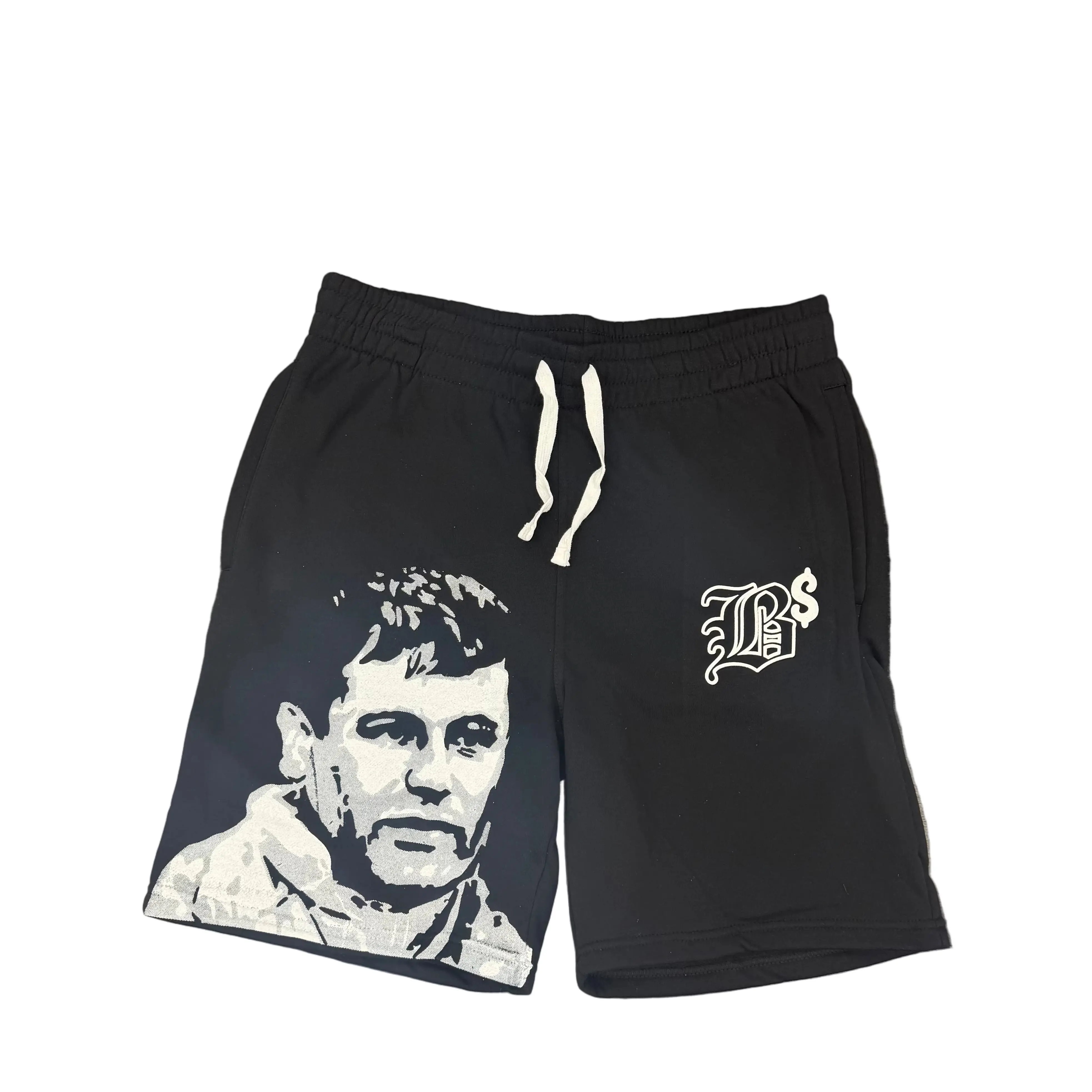 Men's Casual Sports Graphic Shorts - Menswear Clothing, Black Streetwear Style with BS Logo Detail, Elastic Drawstring Waist