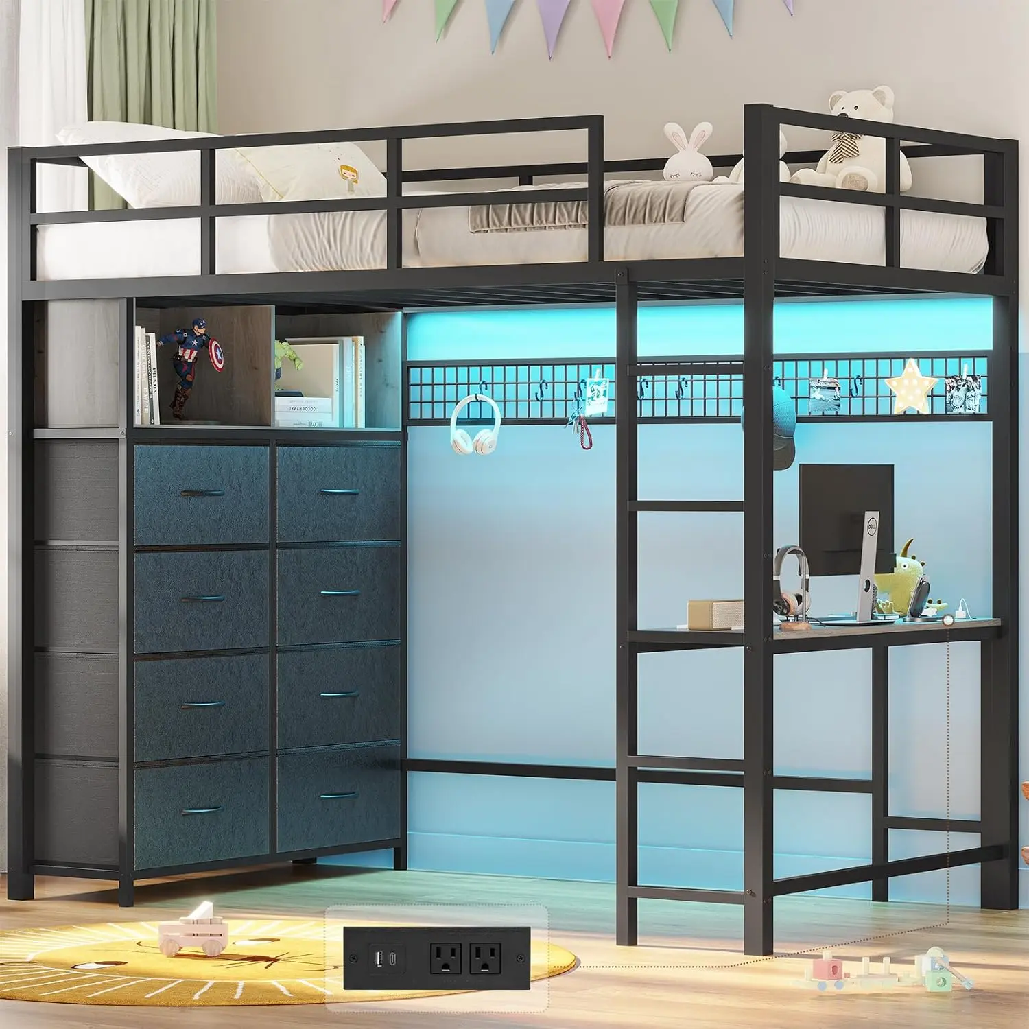 [SummerSale] Sikaic Twin Size Loft Bed with Desk, 8 Storage Drawers, LED Lights & Charging Station, Metal Loft Bed Frame with Storage Shelves, 13.1" High Safety Guardrails, No Box Spring Needed, Grey, Home Furniture, Dorm Essentials