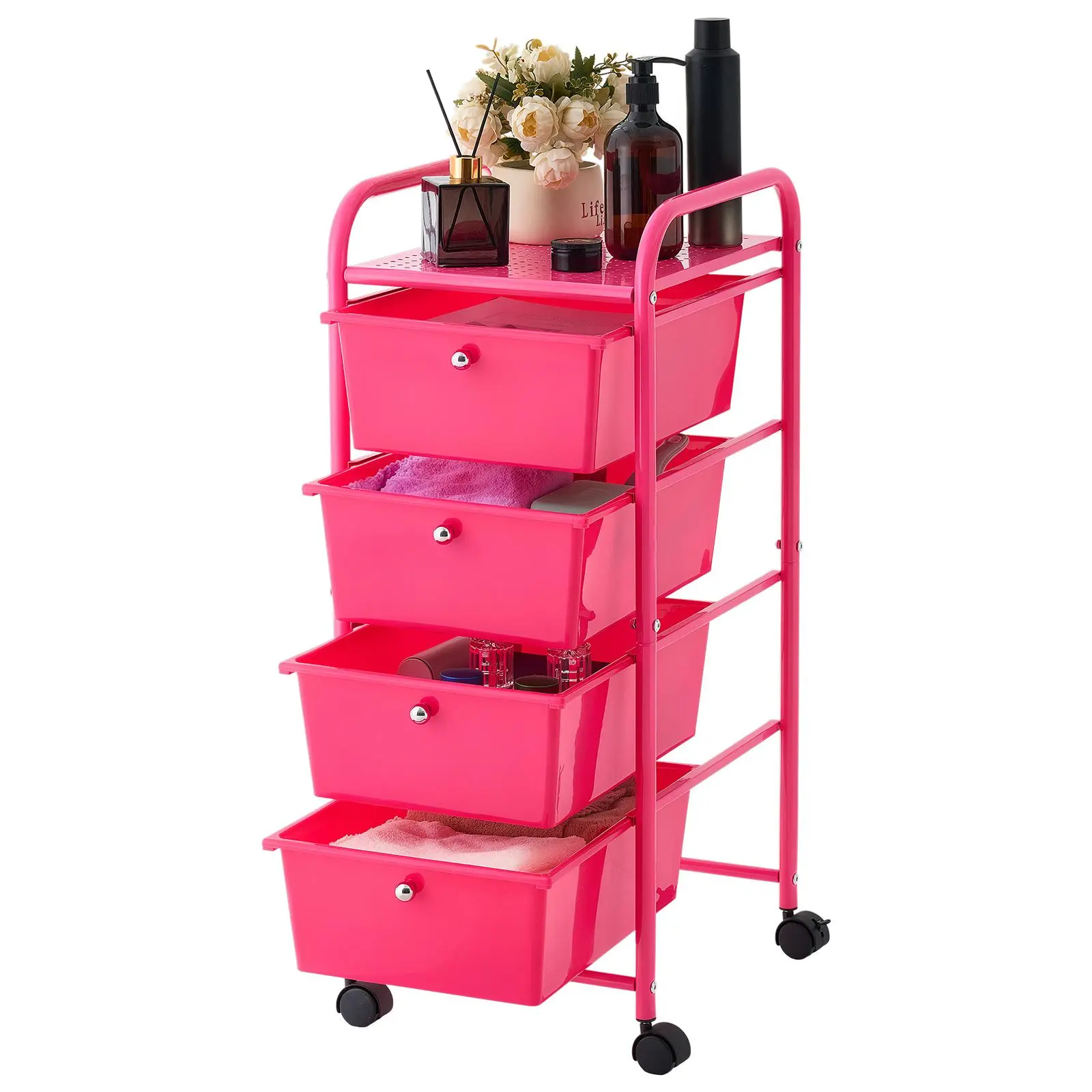 【Summerfinds】VEVOR Multi-Level Drawer Utility Cart, 4-Drawer Storage Organizer Racks, Solid Metal Frame Mobile Cart with Universal Casters & 2 Brakes, for Office, Garage, Rose Red Home Supplies, Multi-Level Drawer Utility Carts, Solid Metal Frame Util
