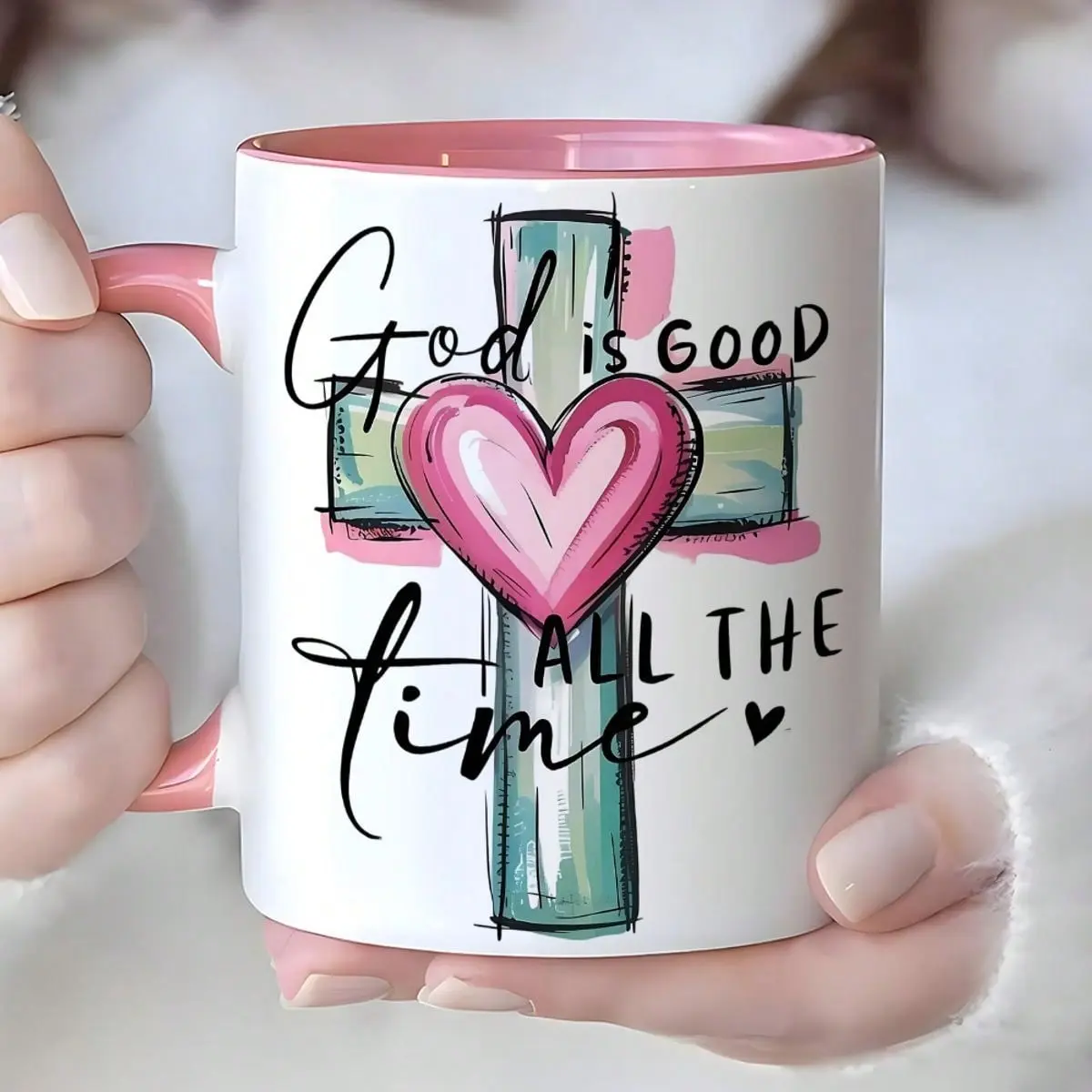 11 oz Christian Inspirational Coffee Mug with "God Is Always Good" Phrase, Pink-Teal Heart & Cross Designs, Dishwasher-Safe, Faith-Themed Gift for Church, Christmas, Birthdays