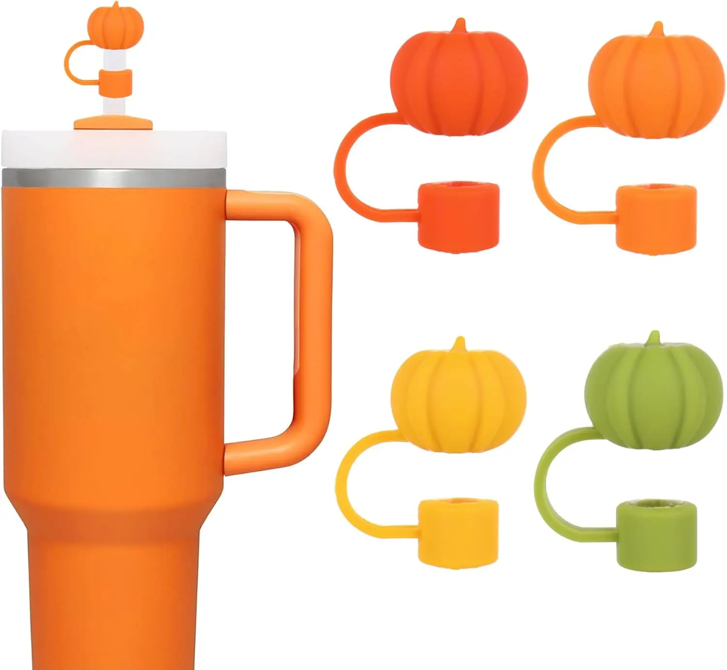 4Pcs Fall Straw Cover Cap Orange Green Yellow Pumpkin Reusable Silicone Straw Topper Autumn Thanksgiving 10 mm/0.4 Inch Straws Lid Protector for 30/40 Oz Tumbler Cup