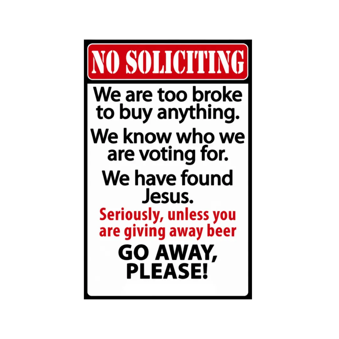 8x12 in Funny No Soliciting Metal Sign, Decorative Sarcastic Beer Joke Door Hanging Plaque for Home Front Porch, Farmhouse Office Gift Idea