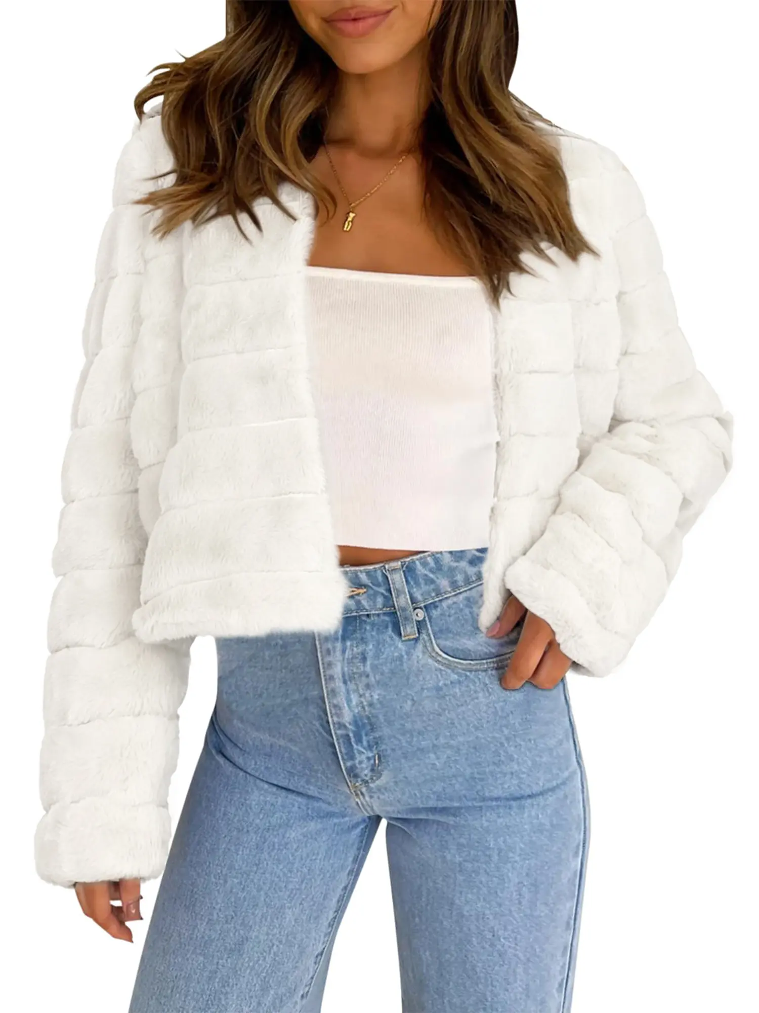 INSPIRE CHIC Winter Warm Cropped Jacket Collarless Faux Fur Fluffy Coat